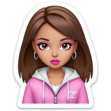 pretty bratz girl, brown hair, dark brown eyes, pink lips, black eyeliner, tan skin, cute y2k clothes sticker