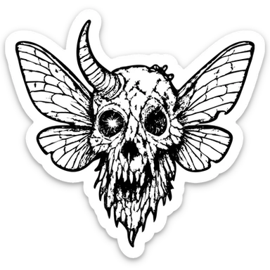 detailed red line art of nightmarish minotaur-stoat hybrid skull with fractured horn and sinister glowing eye, detailed deteriorating moth wings, extensive weathering with deliberately missing pieces, scratched surfaces, and worn edges, twisted asymmetrical features, complex textures, some hollow/transparent sections, 100% red horror imagery sticker