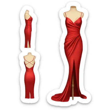 Red satin evening gown with spaghetti straps, a V-neck, ruched waist, and a high side slit. Designed as a standalone item, without a mannequin or person, similar to the tuxedo emoji style. sticker