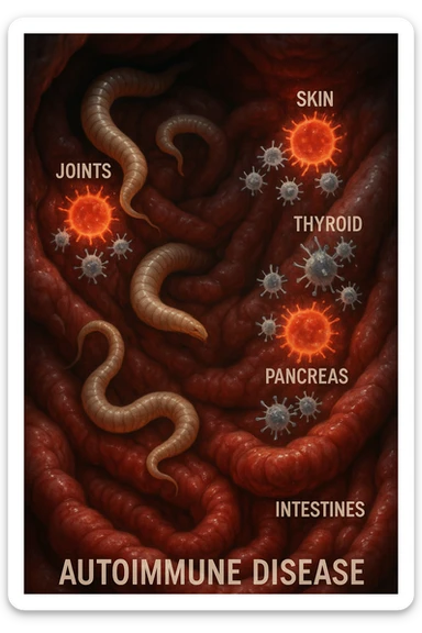 Create a vertical, cinematic, realistic image showing intestinal parasites in the gut and the immune system attacking specific healthy tissues and organs including joints, skin, thyroid, pancreas, and intestines, illustrating the link to autoimmune diseases. Use dramatic clinical lighting and maintain a 2:3 aspect ratio. sticker