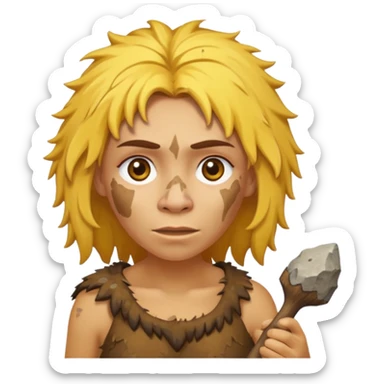 cartoon Neanderthal woman with messy yellow hair and a stone tool sticker