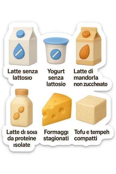 emoji stile iphone 3d di questi elementi che fluttuano in aria:

Latte e yogurt delattosati
Latte di mandorla (non zuccherato)
Latte di soia da proteine isolate
Formaggi stagionati (es. parmigiano)
Tofu compatto e tempeh
 che fluttuano in aria,  le etichette scrivile in italiano, iperealistico 4k sticker