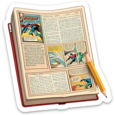Create a detailed emoji representing the process of writing texts for comic books. The design should feature a large, open comic book with vintage comic strips visible on its pages. A pencil should be shown writing text on one of the comic panels, but without a hand. The pencil should appear as though it is actively creating the dialogue or narration. Use a classic color palette with muted tones for the comic book and brighter accents on the pencil to draw attention to the writing process. Do not include any emojis or smiley faces. Make the background transparent. sticker