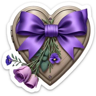 A midnight purple silk bow wraps around a bundle of wilted lavender sprigs, velvety pansies, and blush-violet roses, resting on an aged wooden table. Nearby, an antique silver locket shaped like a heart, engraved with tiny celestial stars, glistens faintly under the dim candlelight. sticker