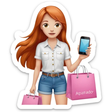 Chica con cabello cobrizo largo short de jeans blusa blanca y bolsas de compras rosas y celular diciendo apartado sticker