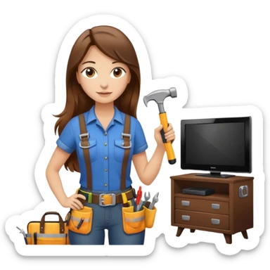 beautiful girl with long brown hair constructing new lounge room area with tv and couch sticker