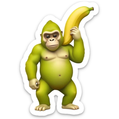 A cartoon character with a curved yellow banana for a body and a lime green gorilla face with gorilla features sticker