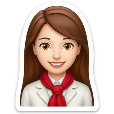 Female flight attendant, with red scarf, white shirt, long brown hair, brown eyes, iOS emoji-type face, fair skin,  sticker
