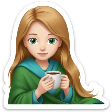 A girl with blue eyes, long eyelashes, very long light brown hair, inside a green blanket with coffee sticker