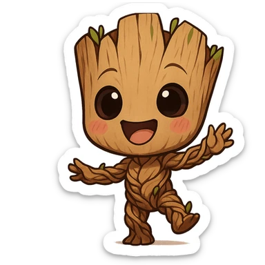 chibi anime style Groot dancing with oversized head joyful and cute sticker