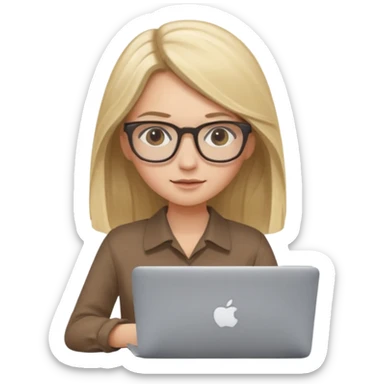 Girl in glasses, blonde long hair, brown blouse, typing on gray MacBook sticker
