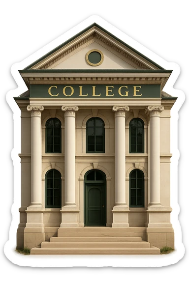 Make the college building less cartoonish, more realistic and professional with a green, gold, and white color scheme. The design should have a classic look with elegant lines and decorative details, with no background. sticker