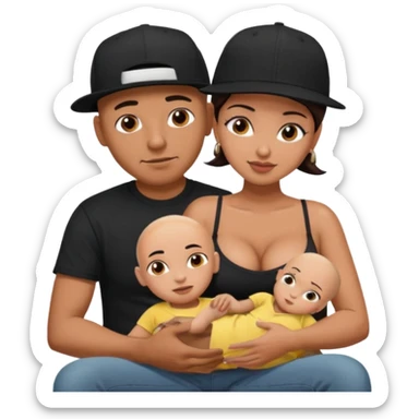 A picture of a tanned couple. the man is a Mexican man with tanned skin, with a bald hair cut wearing a SnapBack hat and a black shirt. the woman on his lap has thick dark brown hair and with big naked boobs that he is grabbing sticker