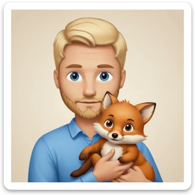 Blonde man with a slight darker beard and blue eyes holding a brown baby fox sticker