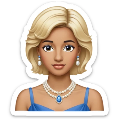 black woman with Princess Diana's iconic short blonde hairstyle, pearl necklace, and elegant blue dress sticker