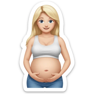 White girl, long blonde hair, white tank crop top, smiling, bare midriff, blue eyes, huge round pregnant belly, jeans, side view sticker