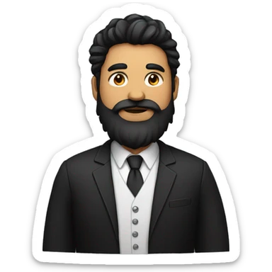 indian man with lots of black hair and heavy beard, fat , dressed in black blazer with black tshirt sticker