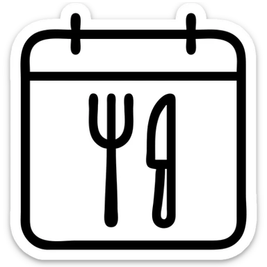 minimalistic bold black-and-white icon, square, clean geometric lines, modern look, flat style, no gradients, calendar symbol with a fork and knife inside it representing a weekly meal plan, inspired by Netflix and Lifesum app design, perfectly readable at small sizes, vector style, no background, suitable for both dark and light mode sticker