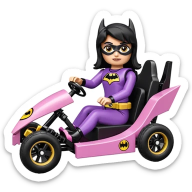 full size real-appearance electric road racing sexy BatGirl’s feminine midnight-colored tight outfit sixty’s tv show Lego dark stealthy accurate sporty safe plush deluxe off-road pursuit cruiser car rose gold accents (black hair,reclined and relaxed torso and shoulders seating position) go kart  sticker