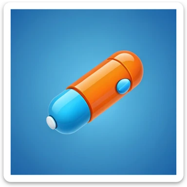 A pill (medicine) in two tones: tale blue and bright orange sticker