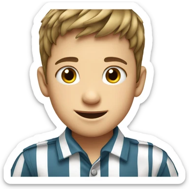 smiling boy in striped shirt remove two shirt buttons sticker