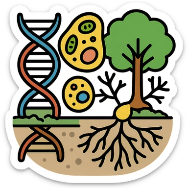 A realistic biological illustration (like in a school book) showing: DNA strands transitioning into a tree, cells with visible organelles, neurons connected to plant roots  and a balanced ecosystem background . Seamless integration, no labels or borders, complete white background (not off white!), detailed but minimalist.  sticker