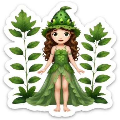 full body woman long curly brown hair brown eyes white skin tattoos wearing cute frog hat and sheer leaf dress, barefoot, flirty forest fairy pose sticker