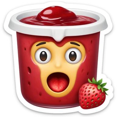 shocked emoji with the top half of the head missing, only missing under the eyes and above, 2 eyes are inside the missing part of the head placed together in the divot. all of this in a strawberry jam filled tub sticker