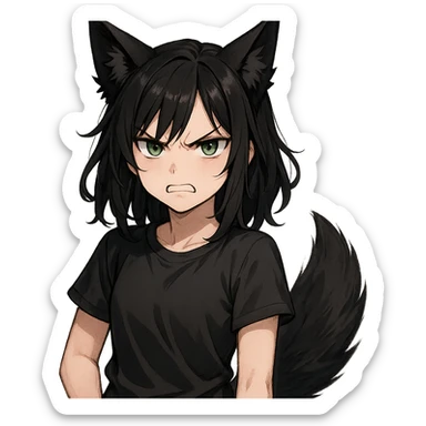A girl with black fox ears and a tail, green eyes, dark hair, looking angry sticker