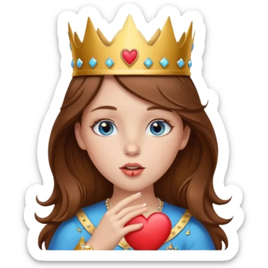 a girl with brown hair, blue eyes and freckles, who wears a crown and is blowing a heart kiss  sticker