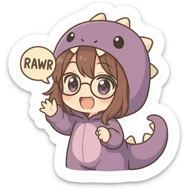 chibi anime style girl with glasses, brown hair, dark purple eyes, wearing a purple dinosaur costume, saying 'rawr' in a cute playful way sticker