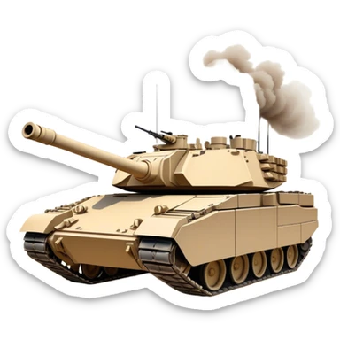 M1 Abrams (2022) – Cinematic-realistic M1 Abrams tank, its imposing desert-tan frame rolling across a war-torn battlefield. The massive 120mm smoothbore cannon swings into position, its engine roaring as it crushes debris under its heavy treads, dust and smoke swirling in the fiery glow of distant explosions. sticker