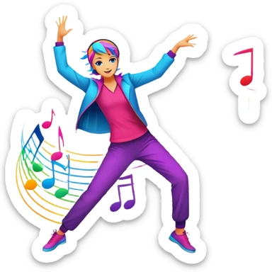 An icon showing vibrant musical notes and rhythm bars, inspired by Muse Dash. The design features colorful, dynamic elements flowing in sync with the beat, with a character dancing in the background. Bright, energetic visuals emphasize the excitement of rhythm-based gameplay. Transparent background. sticker
