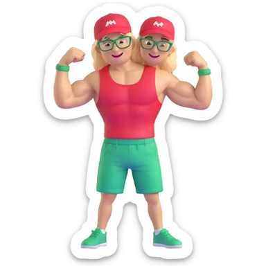 Man with black and white cap, bare torso, red shorts, clear glasses, messy light blond mullet hairstyle, smiling and flexing muscles sticker