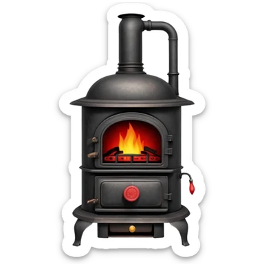 Vintage pot-belly coal stove from early 1900s with chimney pipe, rustic black iron with red glowing coals inside sticker