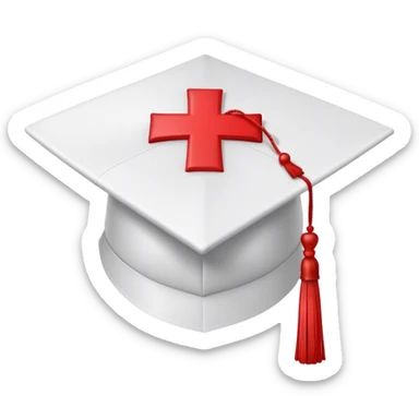  white medical graduation cap (mortarboard) with a red cross symbol in the center. The cap has a flat, square top and a slightly curved brim. A red tassel hangs from one corner, gently swaying. The design is clean and professional, symbolizing a medical graduate. The background is plain white sticker