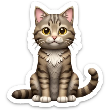 cinematic-[grey brown tabby cat]-realistic-full-body-sitting-emoji,-tail-curled-playfully-around-its-paws,-head-tilted-dramatically,-scruffy-[grey]-fur,-simplified-yet-realistic-focused-features,-highly-detailed,-glowing-with-an-almost-sarcastic-glow sticker