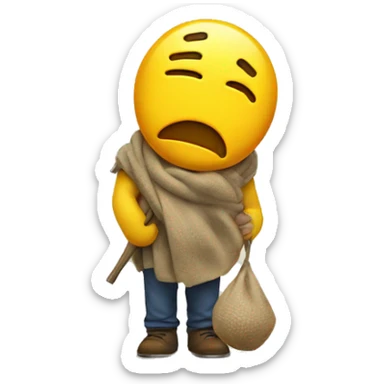 a sad yellow emoji with a frowny face turned around with a bindle on his back sticker