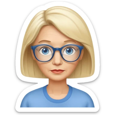 white woman about 60 years old blonde bobbed hair blue eyes glasses sticker