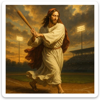 Jesus in flowing robes swinging a baseball bat with a serene expression on a baseball field background with dramatic lighting sticker