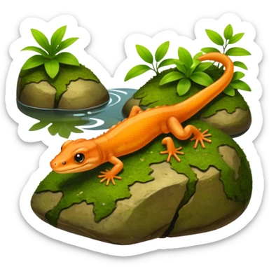 A small orange-brown newt on a mossy rock near a pond. Realistic lighting, visible tail, green plants and soft sunlight, detailed wildlife photo. sticker