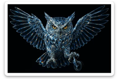 a majestic owl made of transparent diamond-like glass, light refracting through its body, shimmering reflections and refractions, ultra wide wings fully spread as if landing to catch prey, intense and serious facial expression, piercing beautiful eyes, holding a chair wheel in its claws, hard light, strong contrast between light and shadow, cinematic rim lighting highlighting edges, detailed crystalline texture, ultra realistic, high contrast, solid black background, void, nothingness, 8k, sharp focus sticker