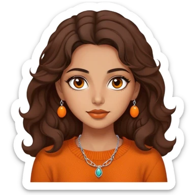 Iranian girl with warm tan skin, wearing an orange wool sweater. She has dark brown, shoulder-length wavy hair, one brown eye, and slightly full lips. She also wears a delicate necklace. sticker