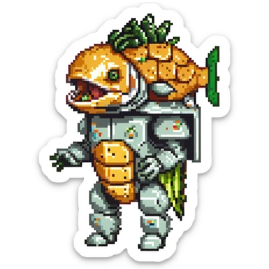 a cyborg robotic salmon who's torso is made from a filled crunchy taco, with lettuce salsa meat and cheese. he is fish taco bot man his face and head, tail, and fins are metallic robotic construction, he has a slit visor across his face where his eyes should be like cyclops sticker