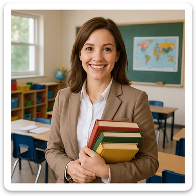 teacher with brown hair holding books, friendly classroom setting, clear facial features, professional attire sticker