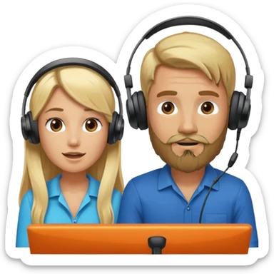 pareja hombre con barba y mujer rubia  pelo largo  charlando en streaming con auriculares sticker