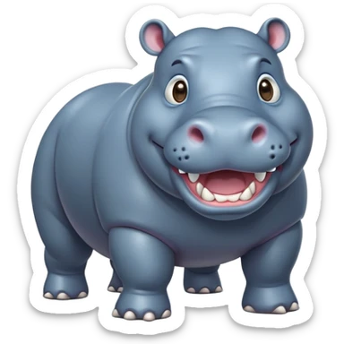 cinematic-hippo-realistic-full-body-side-view-standing-on-all-fours-emoji,-massive-round-frame,-wide-mouthed-grin-exposing-huge-teeth,-head-tilted-dramatically,-thick-greyish blue-hide-glossy, big cute eyes sticker