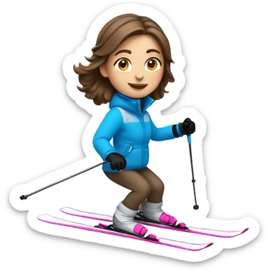 Girl with brown hair skiing with a blue coat white pants and pink skis sticker