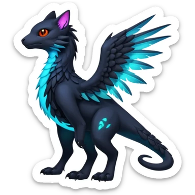 Black Dark Exotic Tropical Beaked Feathery Nocturnal Neon-glowing Abyssal Nightly Abyss-Cat-Gryphon-Salandit-Silvally-Fakémon Creature (full body) sticker
