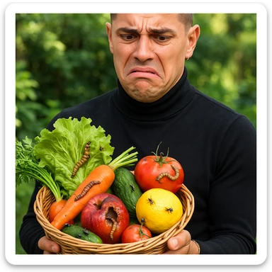 Create a realistic or semi-realistic style image of a 30-year-old man inspired by the reference image, holding a basket of fresh produce. The man has a disgusted expression. The fruits and vegetables show clear signs of contamination by insects and worms. The background is a garden. Emphasize strong contrast between freshness and contamination, conveying a health warning mood. sticker